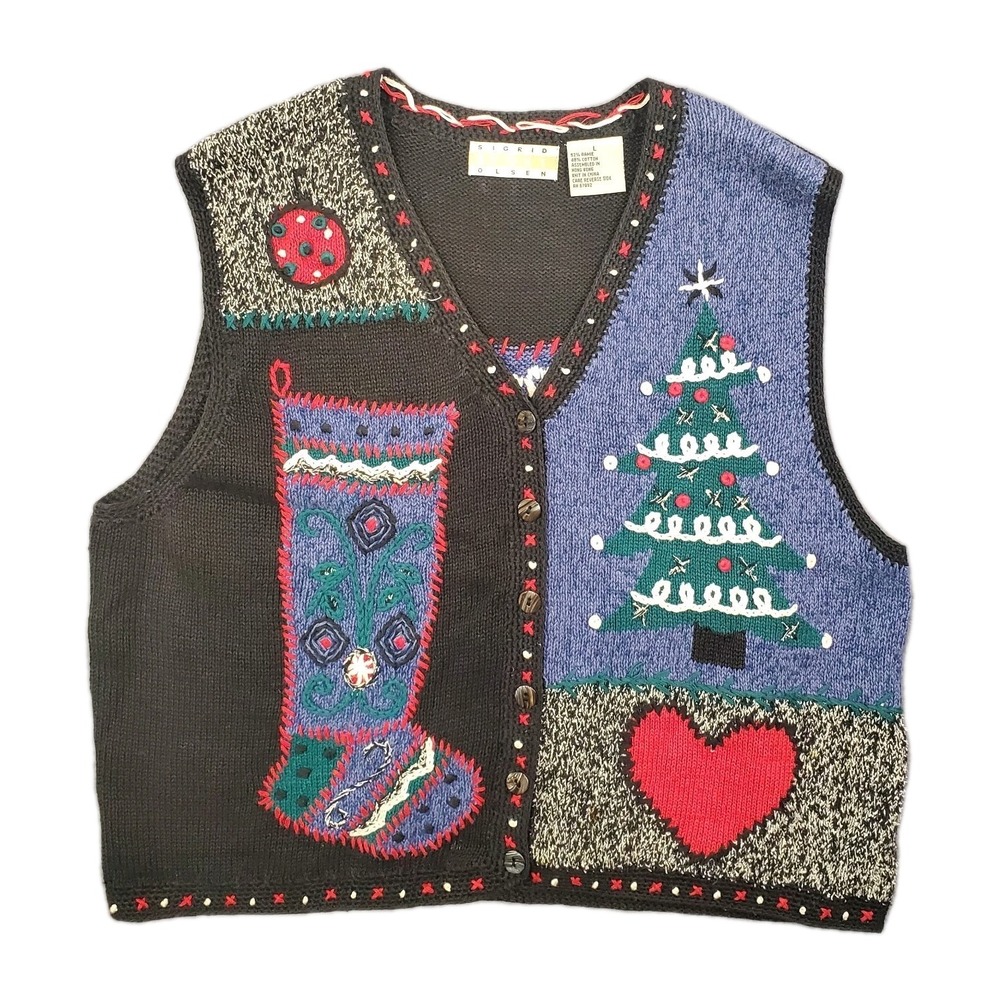 VTG Sigrid Olsen Black Whimsical Christmas Sweater Vest Stocking Partridge Sz L
